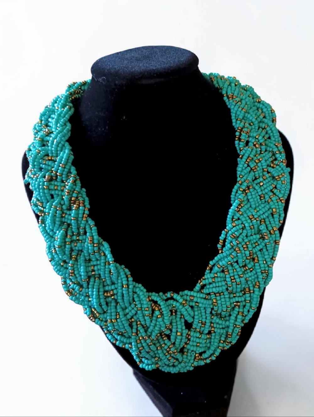 Vintage 80s Boho Seed Bead Turquoise Bronze Statement Collar